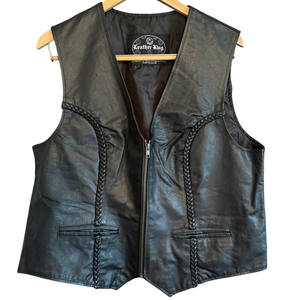 LEATHER KING | Black Full Grain Leather Motorcycle Vest with Braids | Large